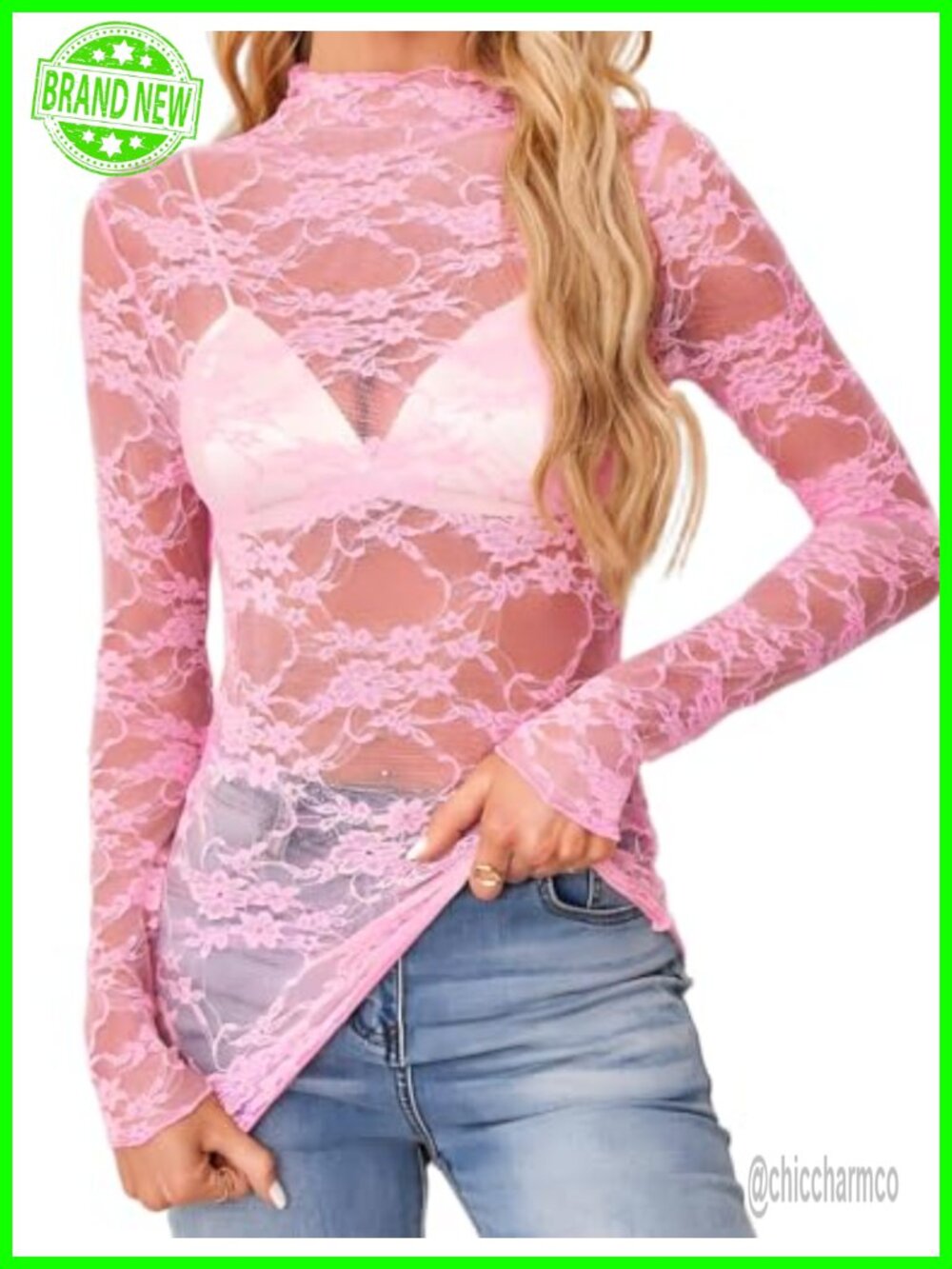 Floral Lace Mesh Long Sleeve Mock Neck Sheer Fitted Blouse Party Club Top